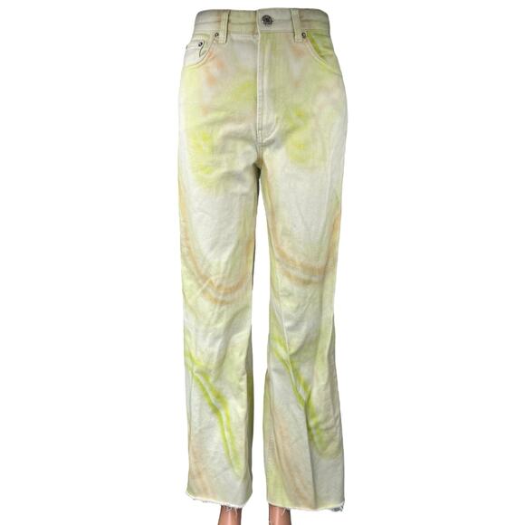 Stradivarius Women's Yellow White Tie Dye High Rise Wide Leg Denim Jeans Size 4 - Picture 1 of 6